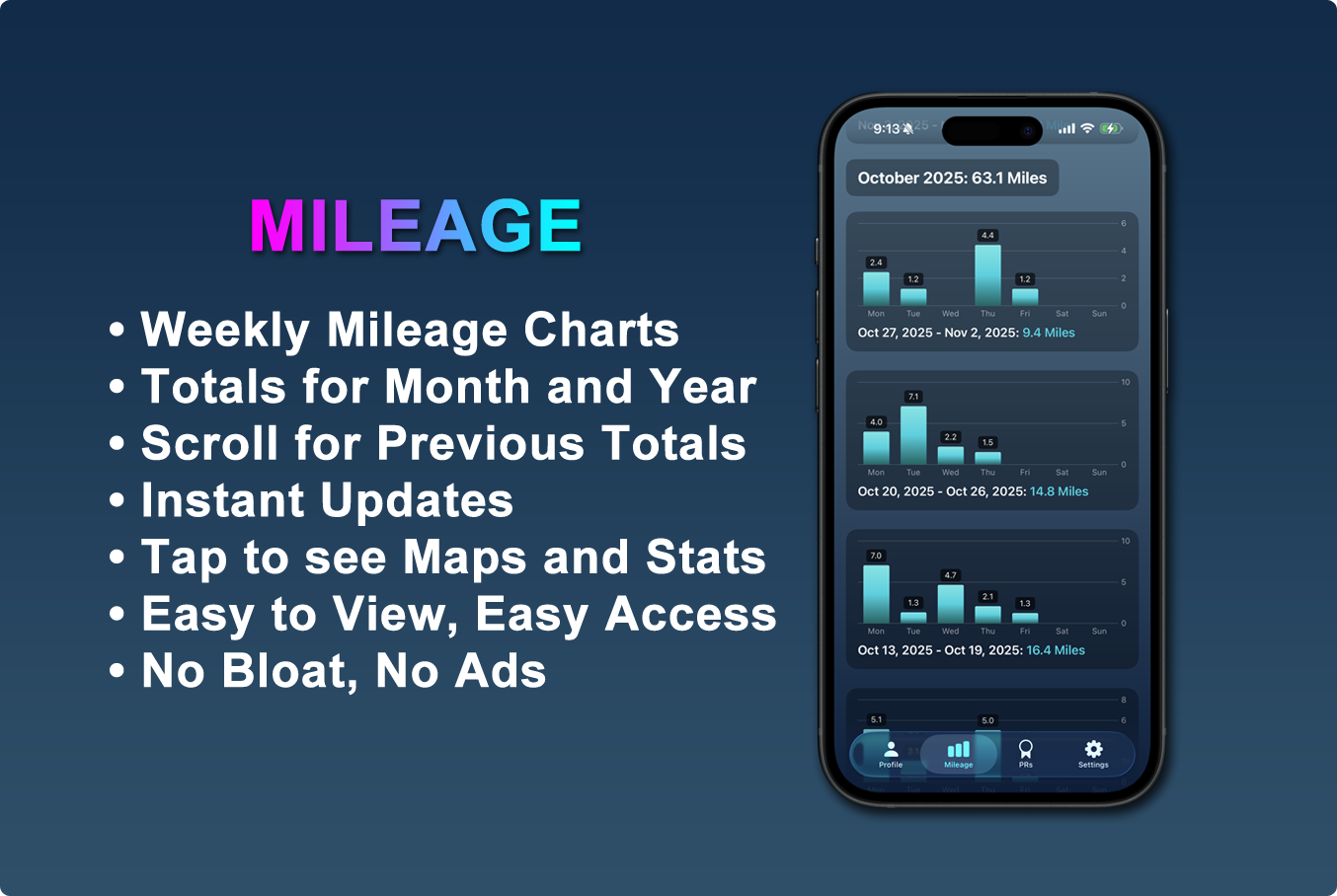 RunData mileage tracking screen showing weekly and monthly running totals