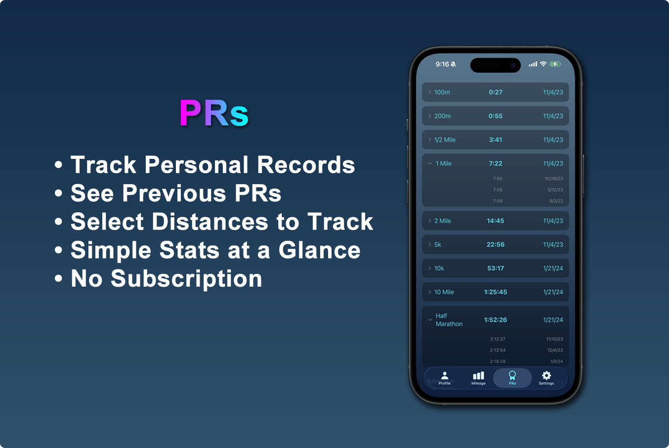 RunData personal records screen showing running PRs, splits, and pace