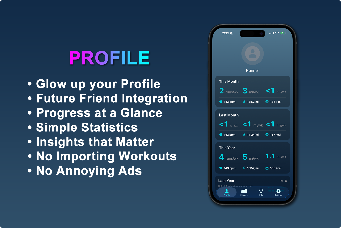 RunData runner profile screen with a summary of your running stats