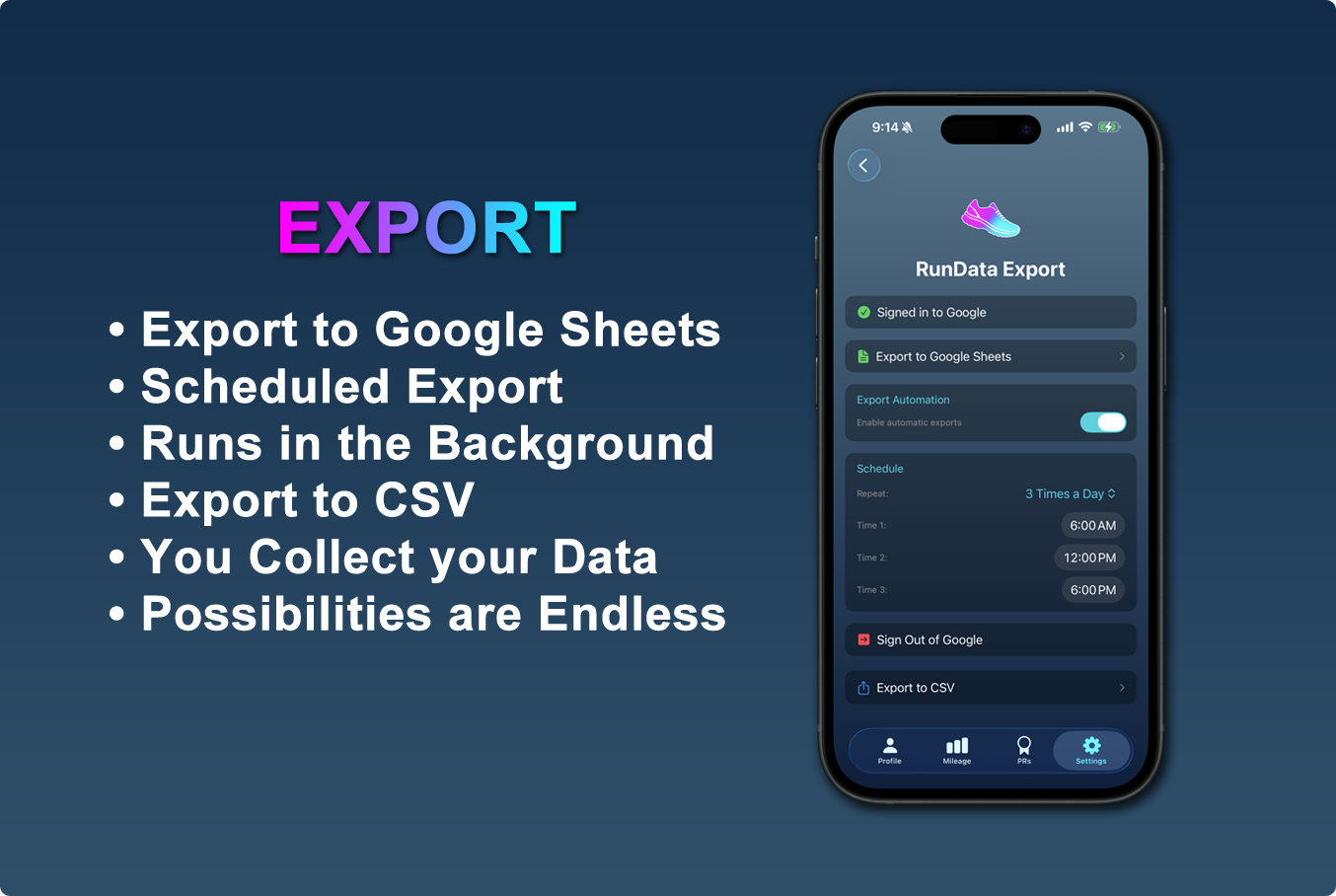 RunData export screen showing running data exported to a Google Sheets spreadsheet